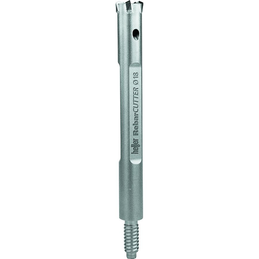 A metal rebar cutter drill bit with a cylindrical body, sharp cutting edges at the tip, and a threaded end. The tool is engraved with “rebarCUTTER 018” and appears against a plain white background.