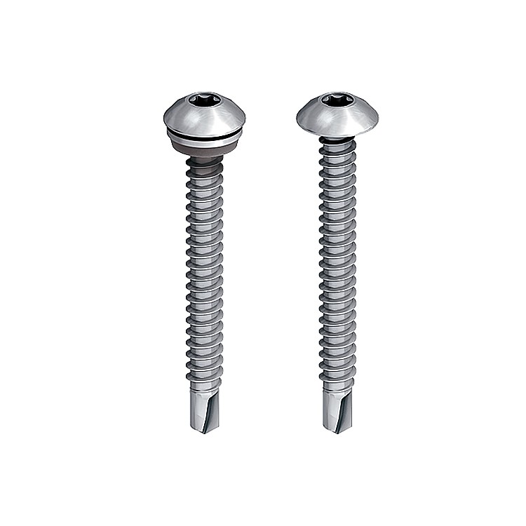 Two silver metal screws with hexagonal pan heads and threaded shafts, shown side by side on a white background. The screws have fluted drill tips at the ends, designed for self-drilling.