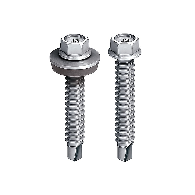 Two silver self-drilling screws with hexagonal heads are standing upright side by side. The screw on the left has a washer, while the one on the right does not. Both have J3 marked on the top of the heads.