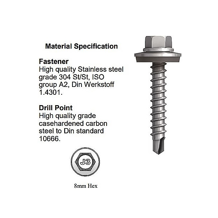 A steel self-drilling screw with a sharp drill-point tip and spiral threads along the shaft, suitable for fixing into steel framing.