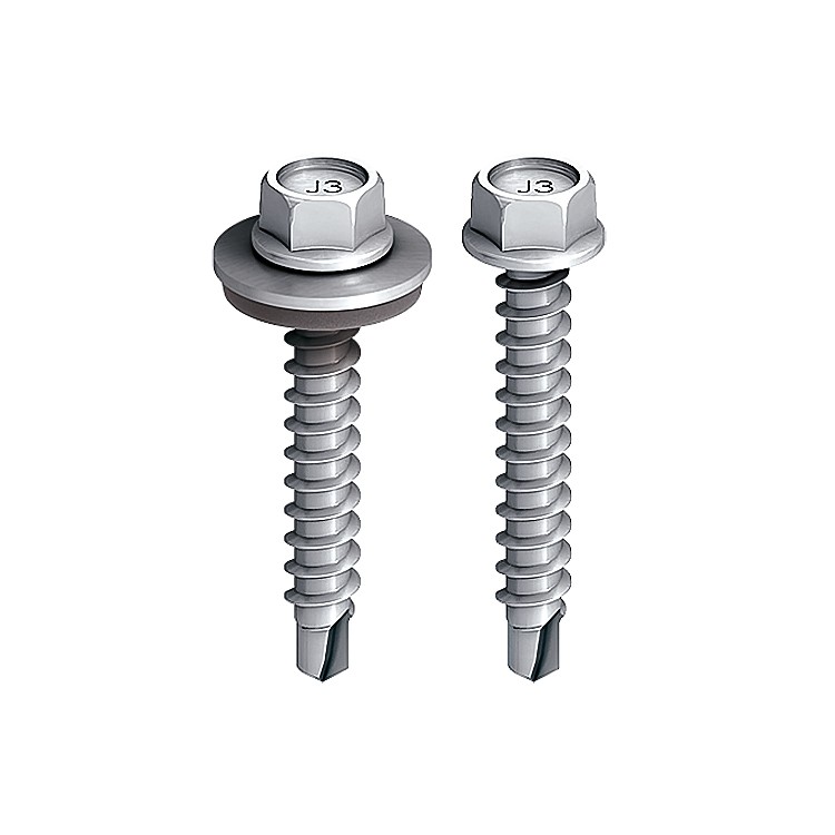 Two silver hex-head self-drilling screws with threaded shafts; the left screw has a washer, the right screw does not. Both have J3 marked on their heads.