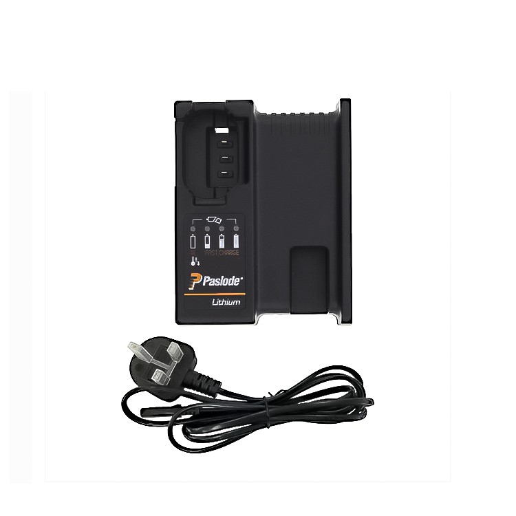 An orange and black Paslode battery charger compatible with the slide-pack lithium-ion batteries, with charge indicator LEDs.