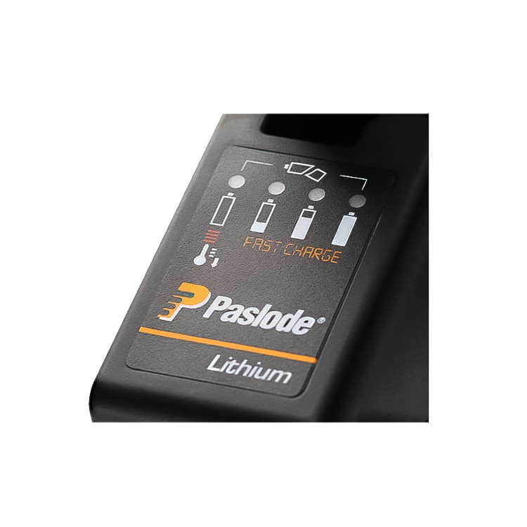 An orange and black Paslode battery charger compatible with the slide-pack lithium-ion batteries, with charge indicator LEDs.