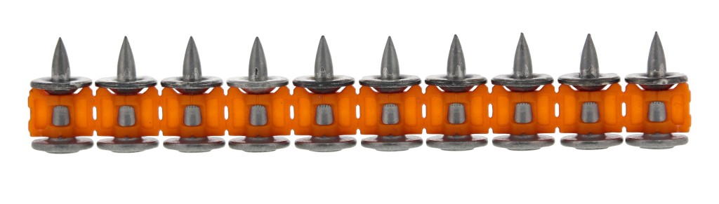 An orange and black Spit cordless power tool, with an ergonomic grip, designed for use on construction and maintenance tasks.
