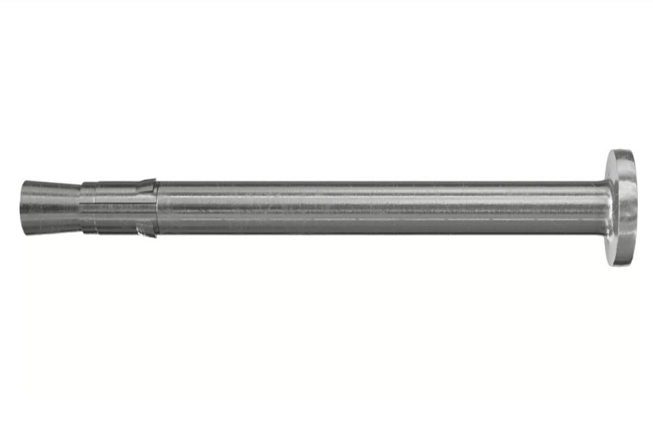 A close-up of a single metal wall anchor bolt, showing its cylindrical body, flared end, and flat head, isolated on a white background.
