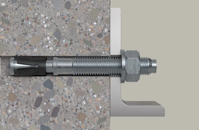 A metal M10 through bolt anchor with a hex nut and washer, featuring a threaded shaft and expansion sleeve, designed for securing heavy loads to concrete or masonry surfaces.