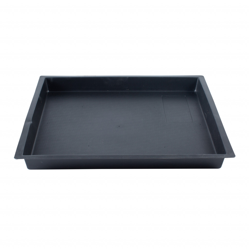 A rectangular, shallow black plastic tray with raised edges, placed on a white background.