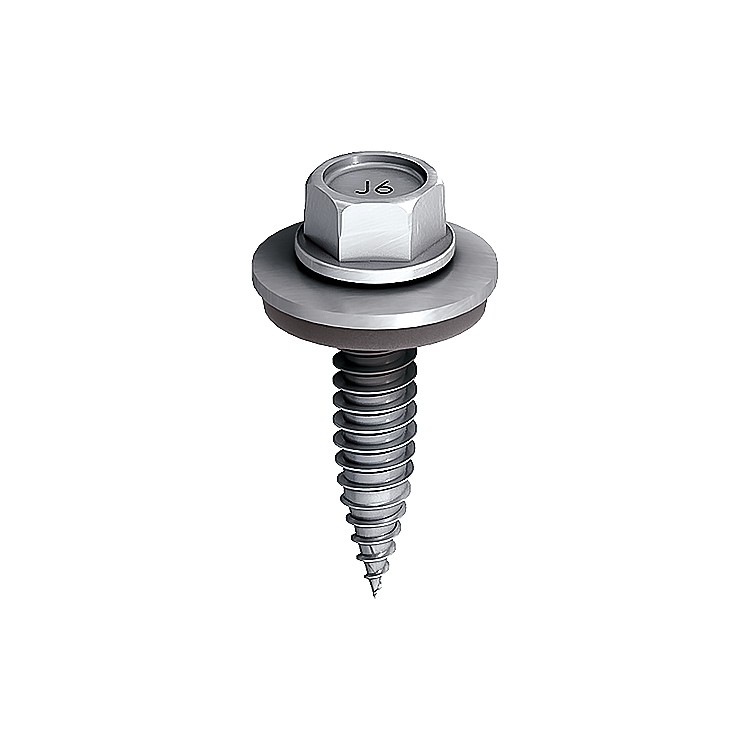 A close-up of a metallic hex-head self-tapping screw with a washer and a rubber gasket, isolated on a white background.