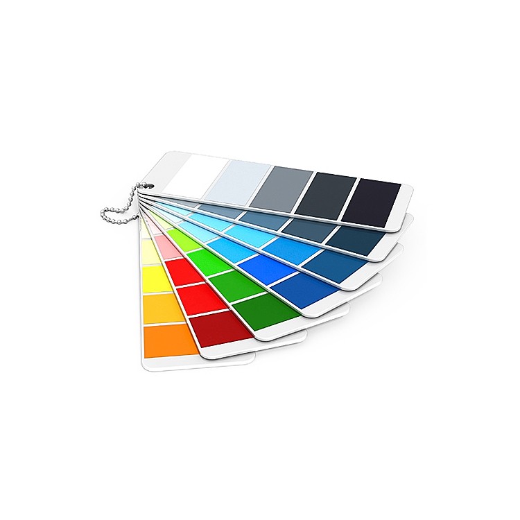 A fan of color swatches attached by a small chain, displaying a wide range of colors including whites, greys, blues, greens, reds, yellows, and oranges on rectangular cards.