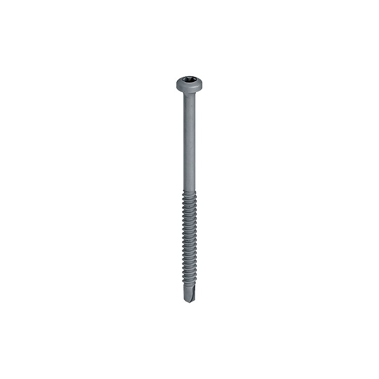 A steel self-drilling screw with a sharp drill-point tip and spiral threads along the shaft, suitable for fixing into steel framing.