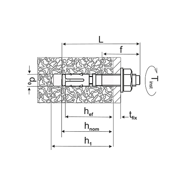 A metal through bolt anchor with a hex nut and washer, featuring a threaded shaft and expansion sleeve, designed for securing heavy loads to concrete or masonry surfaces.