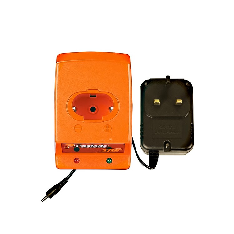 An orange Paslode battery charger with indicator lights, connected by a cable to a black plug adapter with two prongs, both placed on a white background.