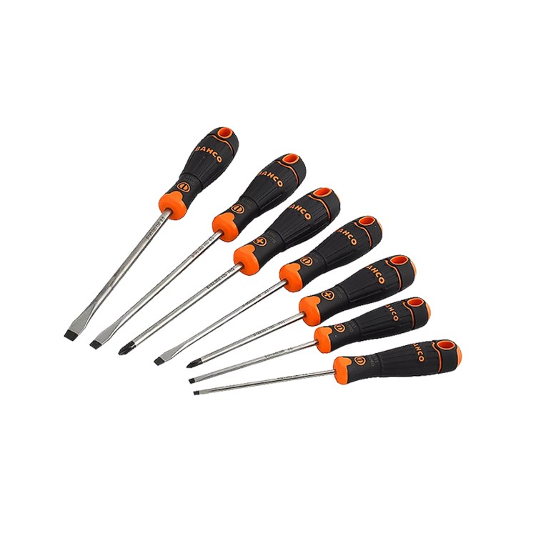 A set of 7 Bahco screwdrivers with colour-coded handles covering a range of flathead and Phillips sizes.,