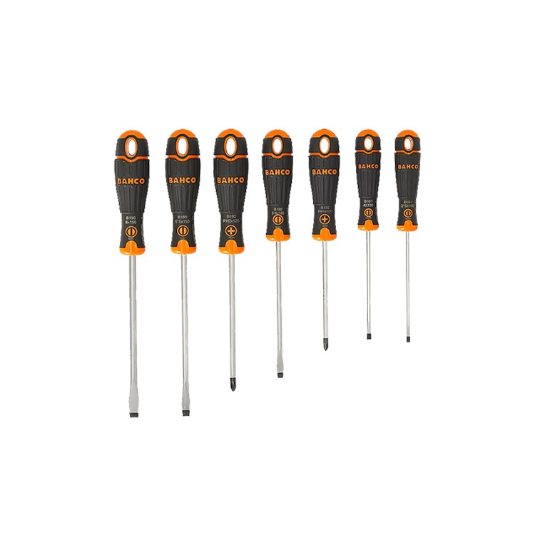 A set of seven Bahco screwdrivers with black and orange handles, arranged in a row. The set includes both flathead and Phillips screwdrivers of varying sizes.
