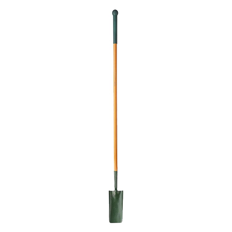 A long-handled shovel with a wooden shaft and a dark green, narrow metal blade, standing upright against a white background.