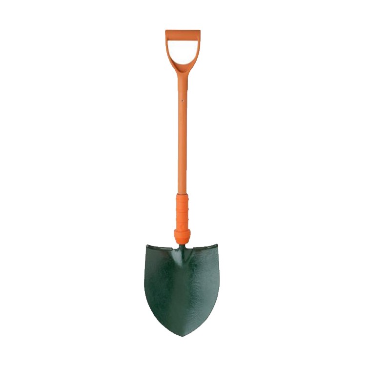A garden shovel with an orange handle and grip, featuring a green, pointed metal blade, shown against a white background.