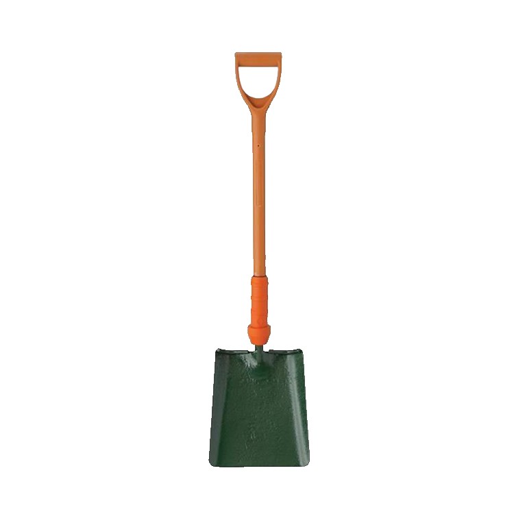 A straight-handled shovel with an orange grip and handle, and a flat, square green metal blade, photographed on a white background.