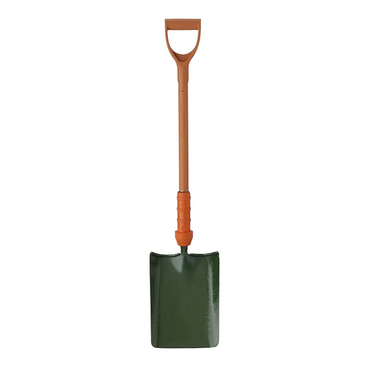 A garden shovel with a wooden handle, an orange grip, and a wide, rectangular green metal blade, standing upright against a white background.