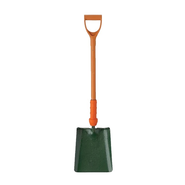 A shovel with an orange handle and a flat, wide green metal blade, shown upright against a white background.