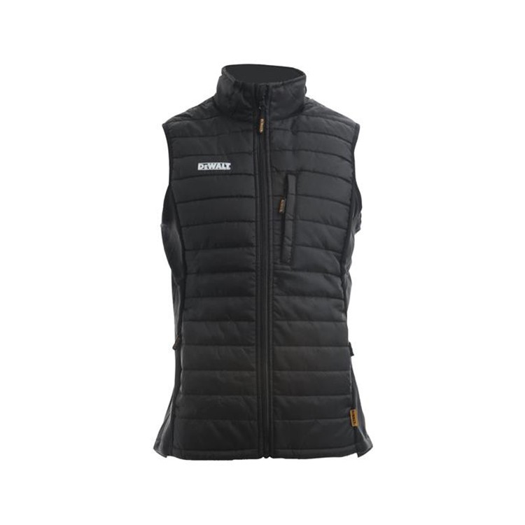 A black padded bodywarmer designed for use on construction sites and in industrial work environments.,