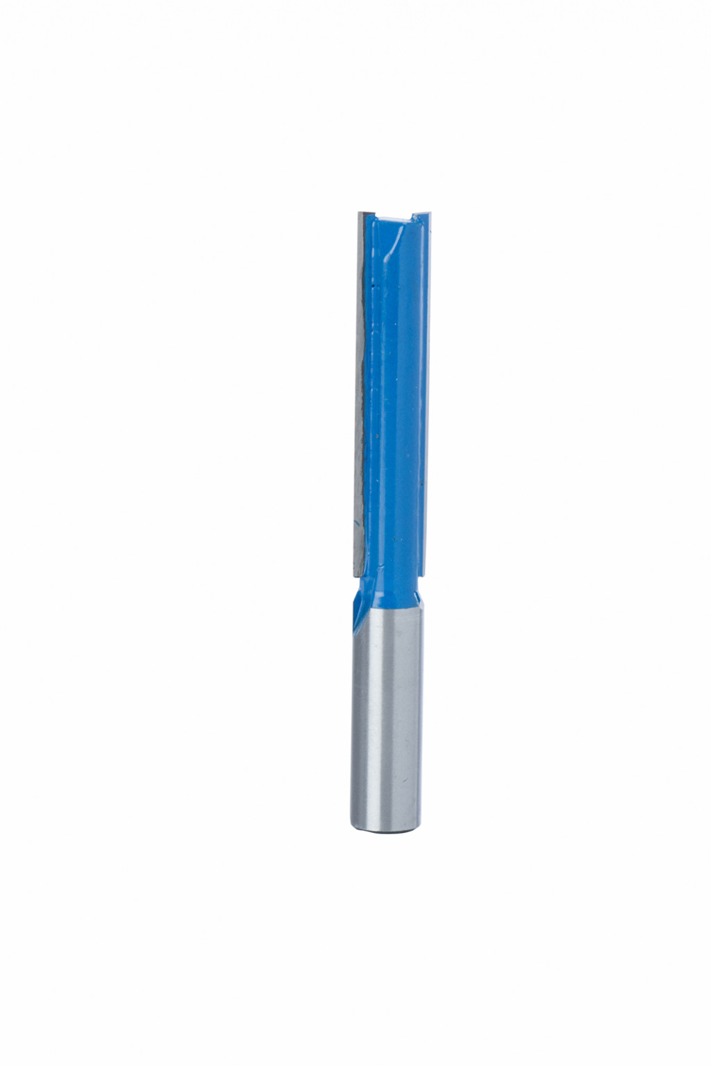 A single straight router bit with a blue-coated cutting edge and a silver shank, displayed vertically against a plain white background.