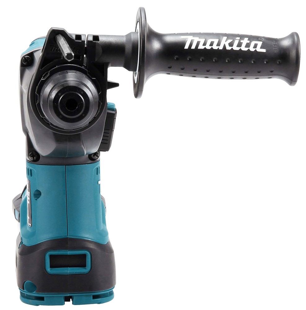 A teal and black Makita cordless combi drill with an 18V motor, a 13mm keyless chuck, and hammer, drill, and screwdriver modes.