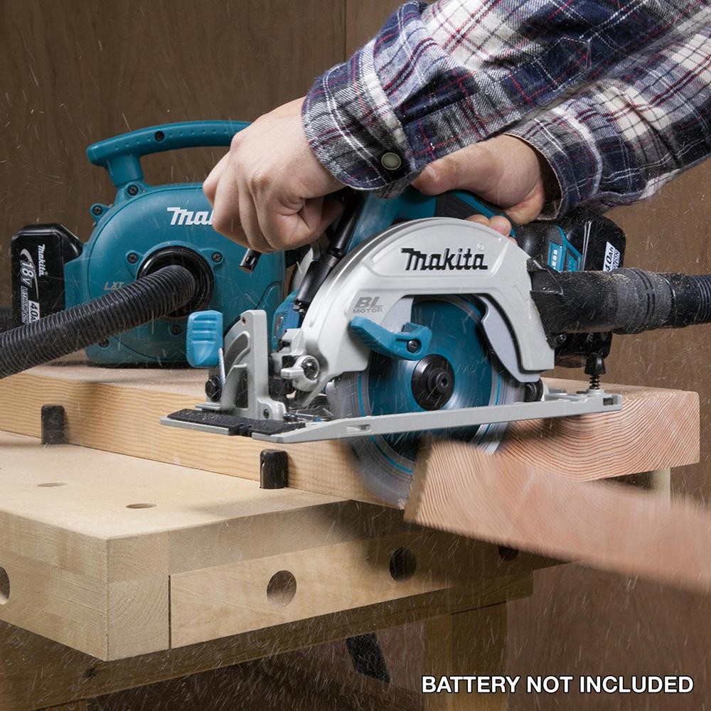 A teal and black Makita cordless circular saw with a 18V motor, an adjustable bevel plate, and a blade guard, for ripping and cross-cutting timber.