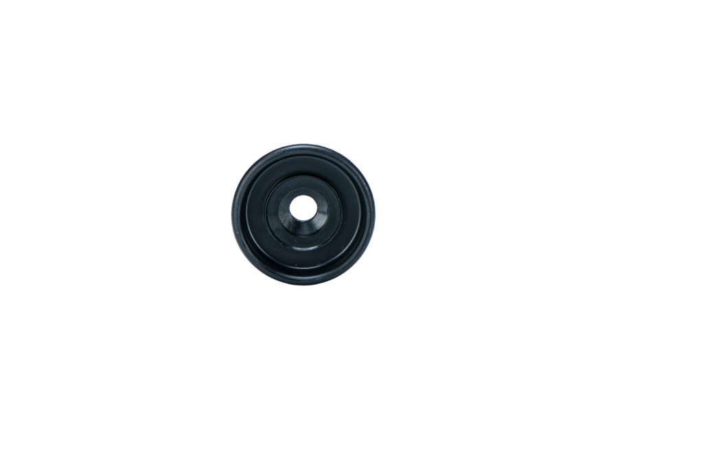 A single black rubber grommet is centered on a white background. The grommet has a circular shape with a hole in the middle.,