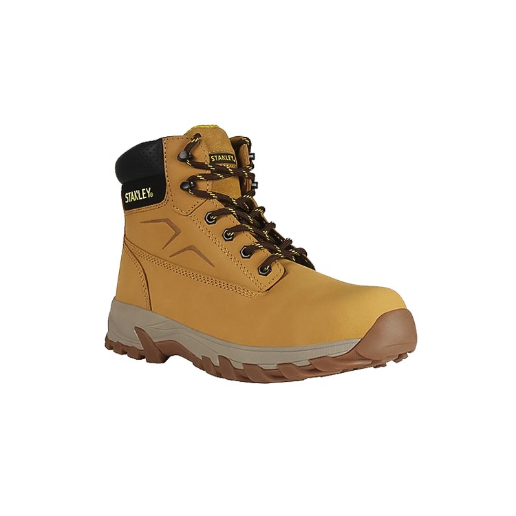 A composite safety boot with an anti-slip sole and padded collar, designed for comfort and protection during extended site work.