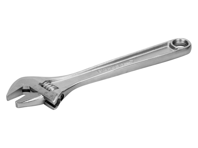 A Bahco adjustable spanner with a smooth-jaw jaw opening controlled by a worm-gear wheel, suitable for a range of nut sizes.