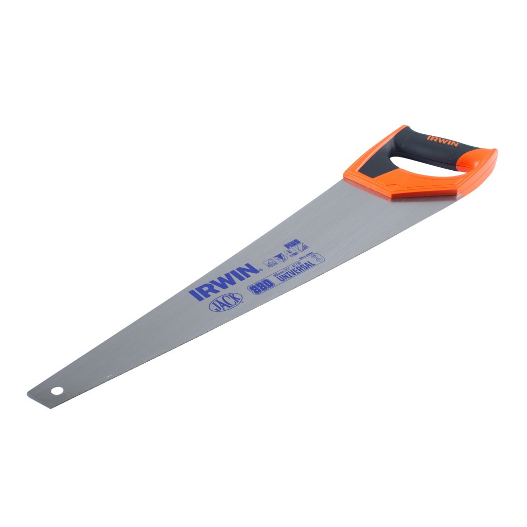 A hand saw with a hardened-point taper-ground blade and an ergonomic handle, for general timber cutting.