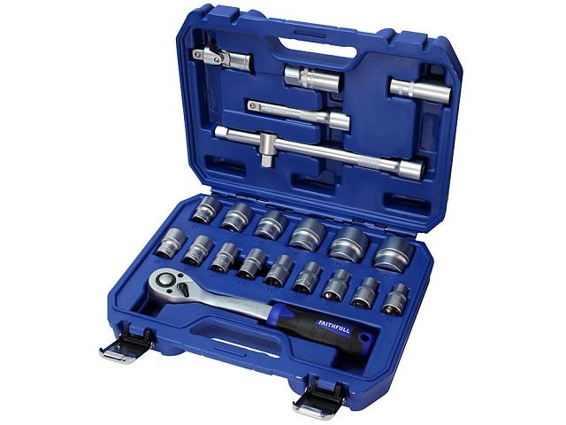 A Faithfull socket wrench set with a ratchet handle and multiple socket sizes, for tightening and loosening nuts and bolts.