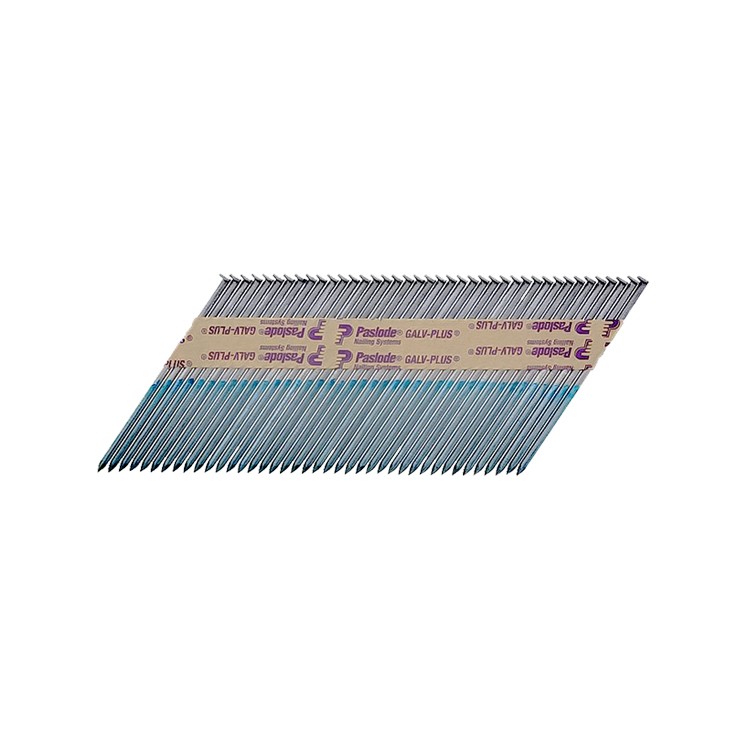 A strip of angled framing nails held together with paper tape. The nails are aligned in a diagonal row, ready for use in a nail gun.