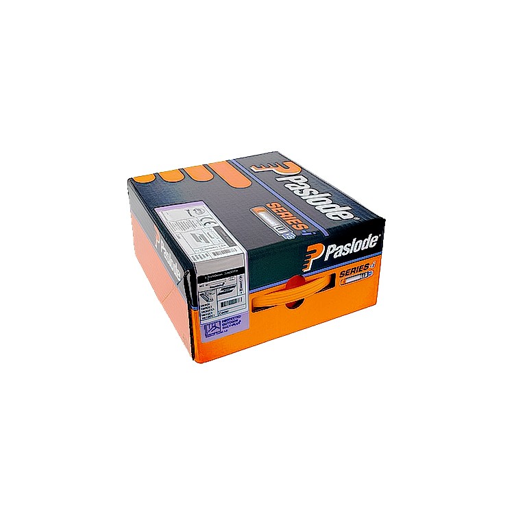 A black and orange box of Paslode Series-I angled brads, with labels and branding visible on the packaging, placed on a white background.