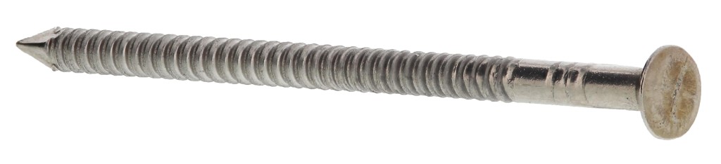 A stainless steel ring-shank nail with annular rings along the shaft for enhanced withdrawal resistance in timber framing.,