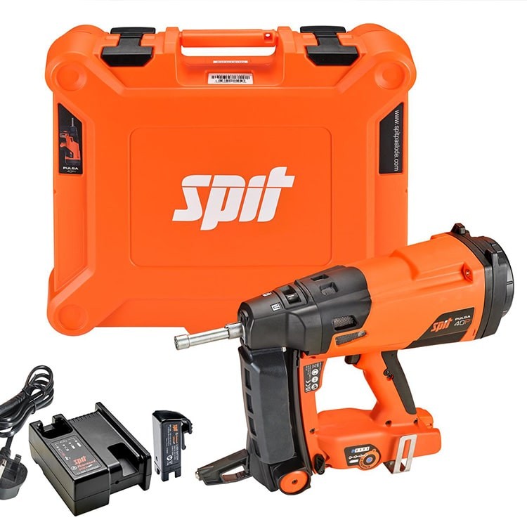 An orange and black Spit cordless nail gun with a magazine feed and safety tip, for driving nails quickly in timber framing and carpentry.
