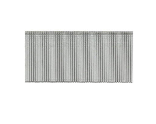 A row of silver metal finishing nails, neatly aligned and connected in a strip for use in a nail gun, against a white background.