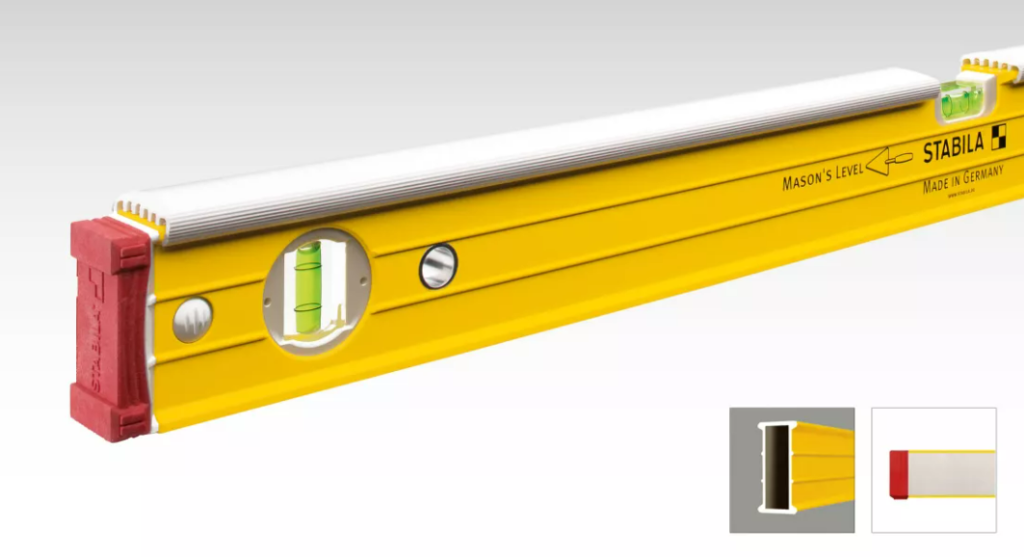 A Stabila 80cm spirit level with an extruded aluminium body and accurate vials, for checking horizontal and vertical alignment.