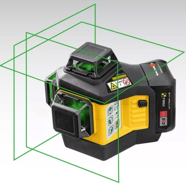 A Stabila self-levelling laser level projecting horizontal and vertical lines, for precision alignment and setting-out work.