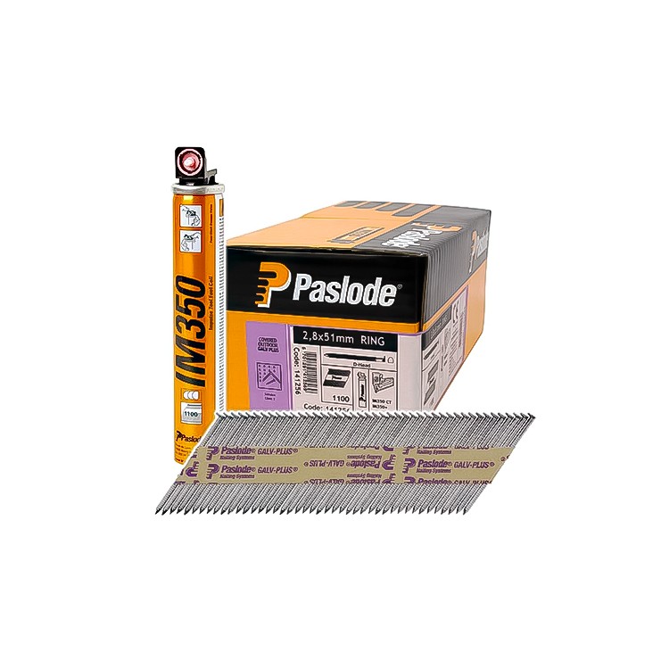 Paslode IM350+ 141256 51mm x 2.8mm Galv Plus Ring Shank Nail - 1100 box c/w 1 Fuel Cell