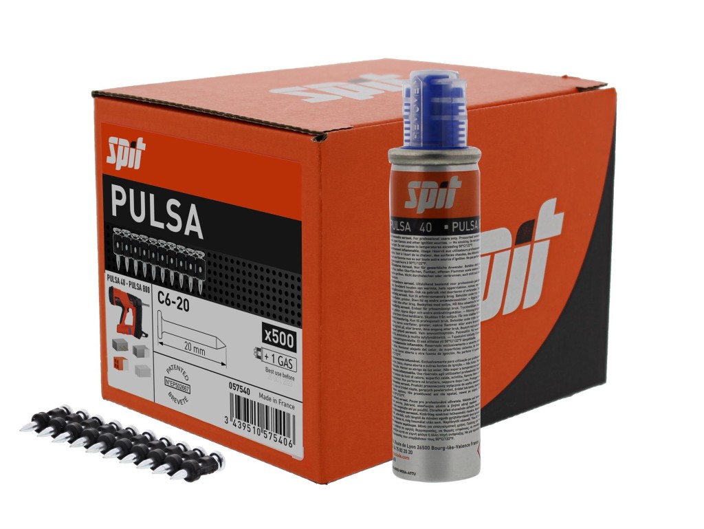 A red and black Spit Pulsa C6-20 box with nails, a gray and blue gas canister, and a strip of black fasteners displayed in front.
