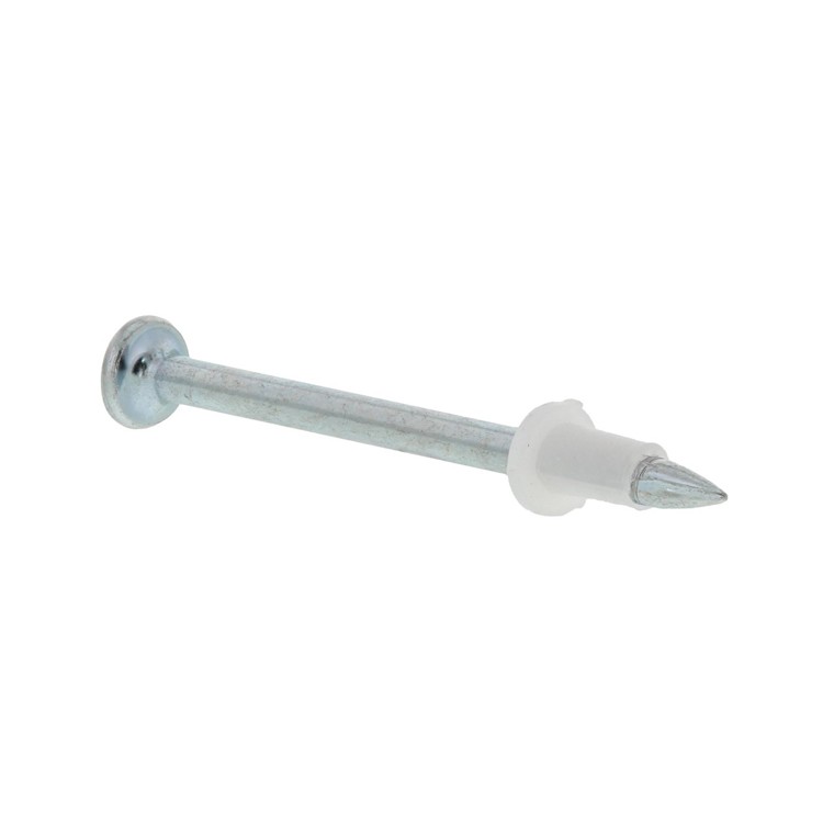 A single metal fastener nail with a flat head and pointed tip, featuring a white plastic washer near the tip, isolated on a white background.