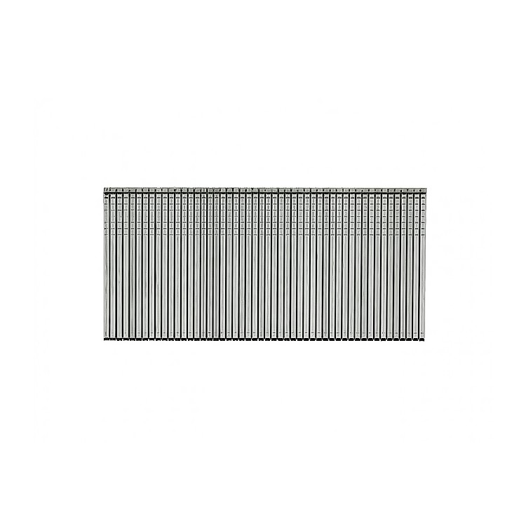 A bundle of long, silver metal nails arranged side by side in a strip, likely for use in a nail gun, is shown against a plain white background.
