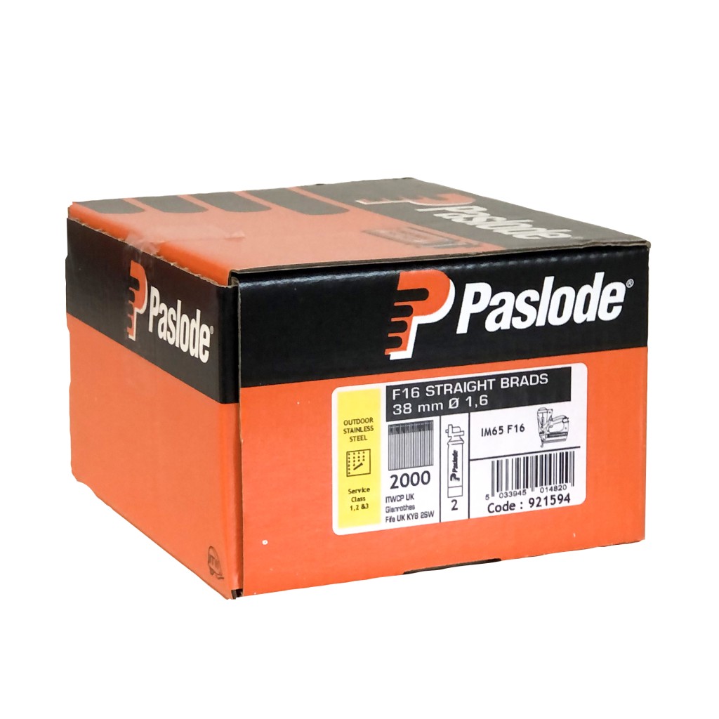 Paslode IM65 921594 F16 38mm Stainless Steel Brad Nails Packs 2000 Box + 2 Fuel Cells