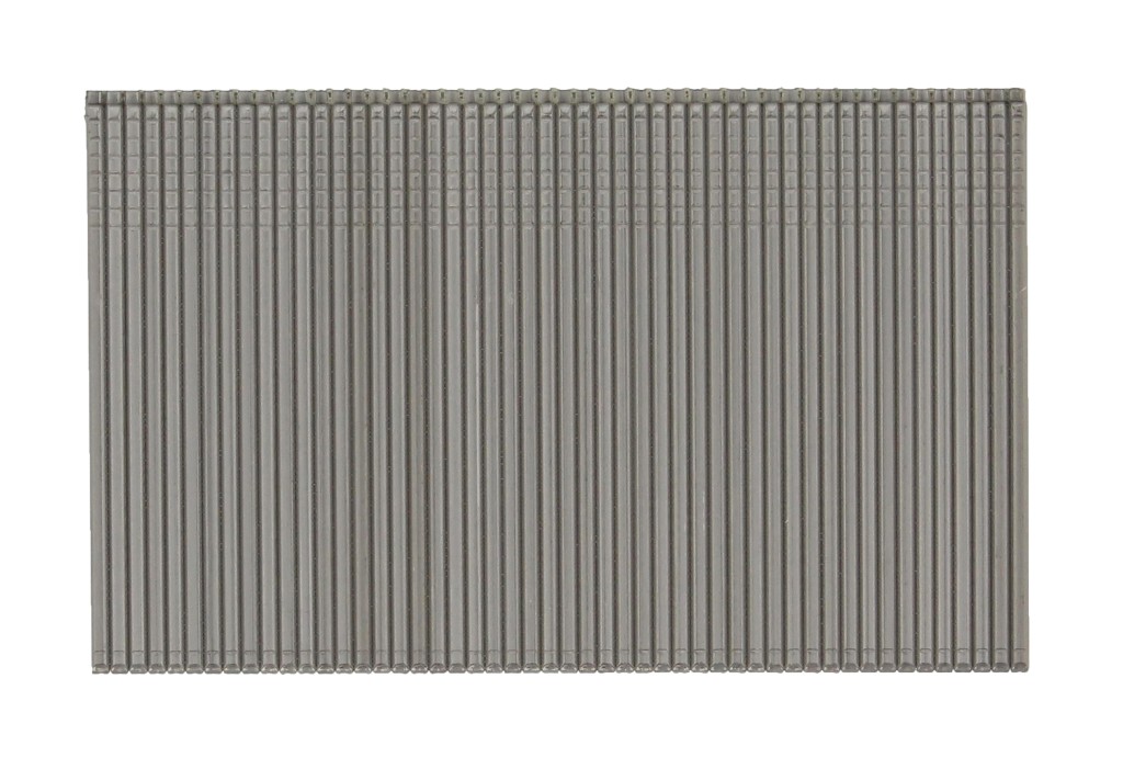 A strip of collated stainless steel framing nails with angled tips, connected in a paper or plastic tape strip for use in a nail gun.