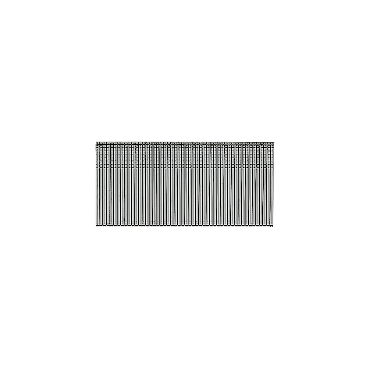 A strip of collated stainless steel framing nails with angled tips, connected in a paper or plastic tape strip for use in a nail gun.