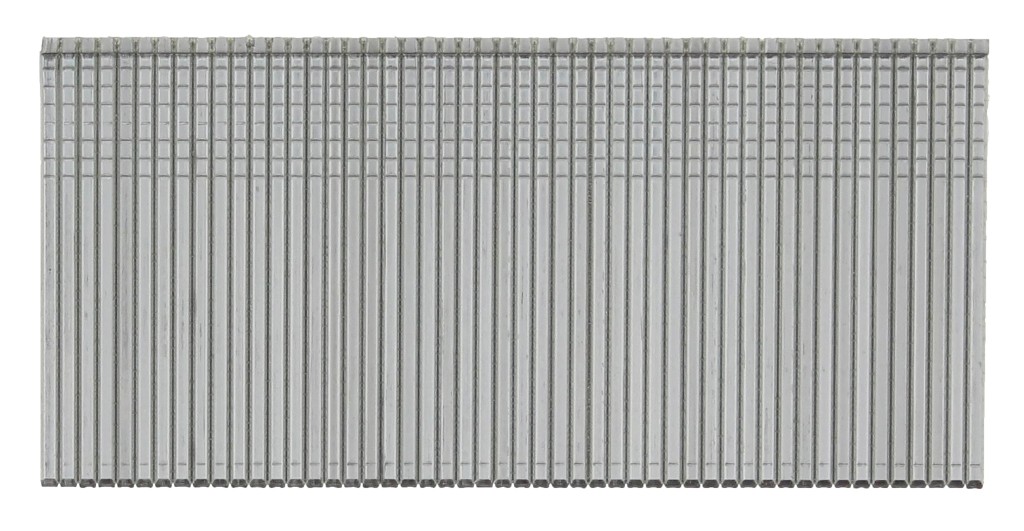 A close-up image of a row of silver metal nails or brads, evenly aligned and connected together, commonly used for construction or carpentry with a nail gun. The background is white.