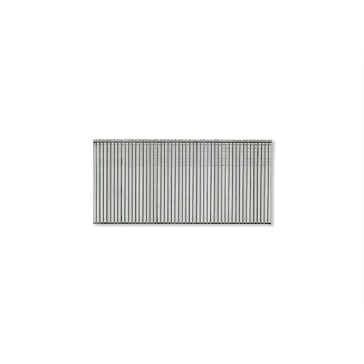 A set of silver finish nails arranged in a neat row, viewed from the side against a white background.