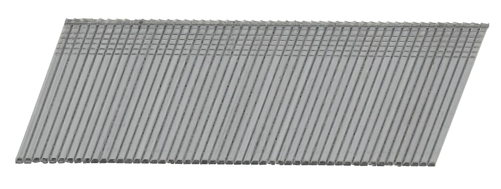 A strip of collated galvanised framing nails with angled tips, connected in a paper or plastic tape strip for use in a nail gun.