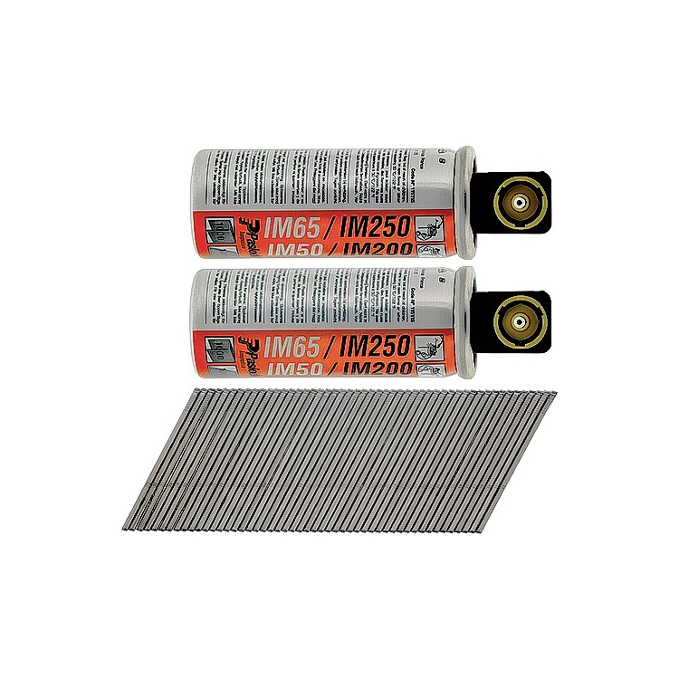A strip of collated galvanised framing nails with angled tips, connected in a paper or plastic tape strip for use in a nail gun.